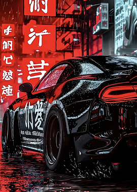 Cyberpunk Car in Rainy Cityscape