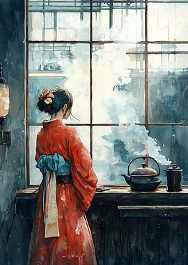 Whispers of Steam – Japanese Girl in Red Kimono by the Window