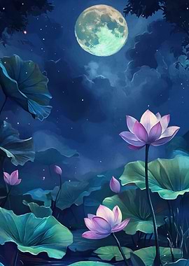 Lotus Flowers Moonlight