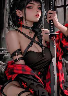 Anime Girl with Katana and Plaid