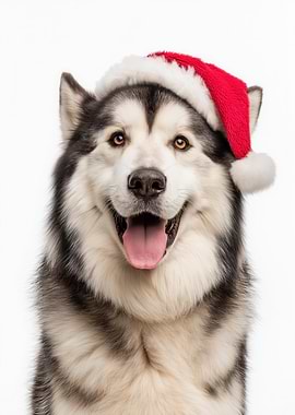 Festive Alaskan Malamute with Santa Hat