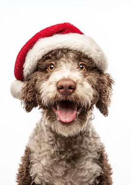 Lagotto Romagnolo Dog with Santa Hat Portrait