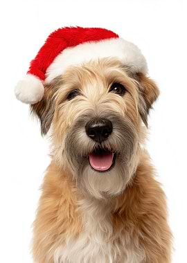 Soft Coated Wheaten Terrier Dog with Santa Hat Portrait