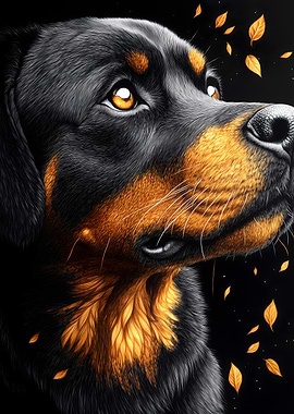 Rottweiler Portrait with Falling Leaves