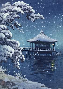 Japanese Winter Scene with Pavilion