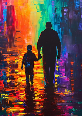 Father and Son Colorful Walk Painting