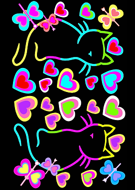 Neon Cats and Hearts on Black