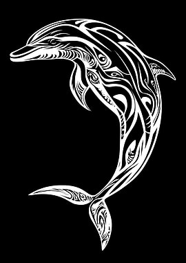White Dolphin Tribal Art on Black