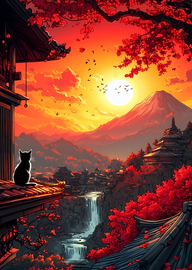 Displate ディスプレイット黒化け猫　メタルポースター Neon Tokyo Black Cat Sits' Poster, picture, metal print