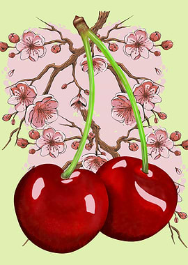 Cherries and Cherry Blossoms Illustration