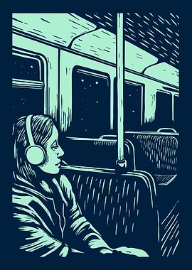 Girl on a train at night