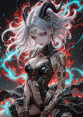 Demon Girl with Horns and Tattoos