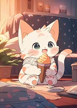 Cute Cat Eating Ice Cream