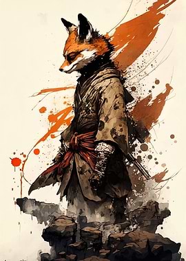 Fox Samurai Watercolor Illustration