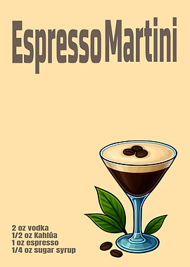 Espresso Martini Cocktail Art Print – Coffee Liqueur Drink Recipe Wall Decor for Kitchen, Bar, or Lounge