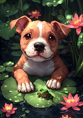 Puppy and Frog in Lily Pond