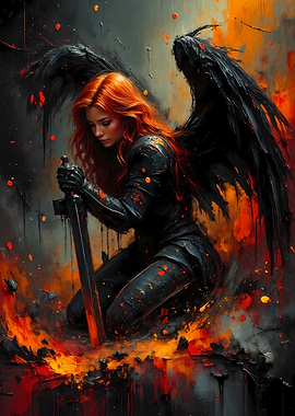 Winged Warrior with Sword in Fire