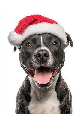 Staffordshire Bull Terrier Dog with Santa Hat