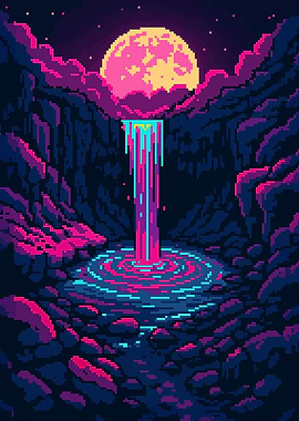Pixel Art Retro Sytnh Waterfall Under Full Moon