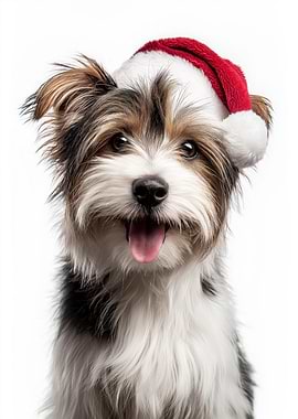Cute Biewer Terrier Dog with Santa Hat
