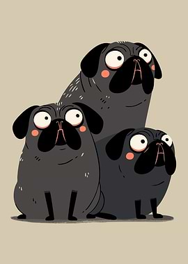 Three Cartoon Pugs Funny Cute Dog Minimalist Art Illustration