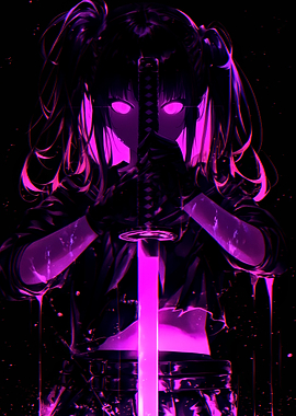Anime Girl with Katana in Neon