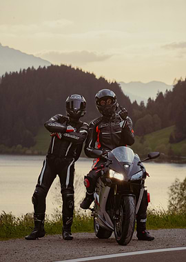 Motorcycle riders with scenic backdrop