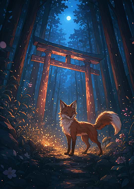 Fox and Torii Gate in Forest