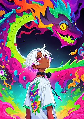 Anime Boy with Colorful Dragon