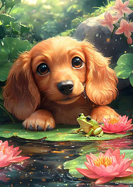 Puppy and Frog in Lily Pond