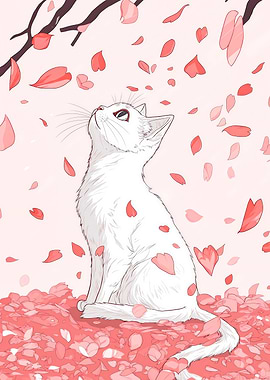 White Cat and Cherry Blossoms
