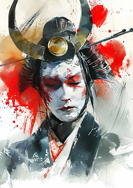 Samurai Woman Watercolor Portrait