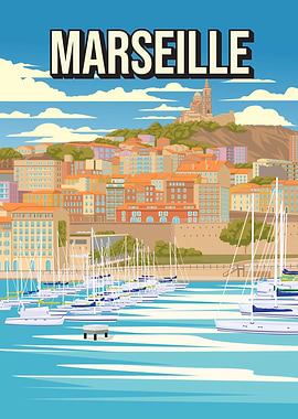 Marseille France Cityscape with Sailboats and Basilica