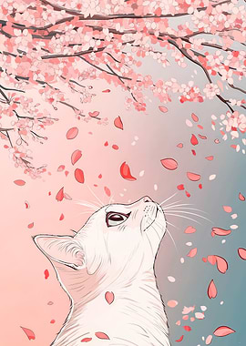 Cat under Cherry Blossom Petals