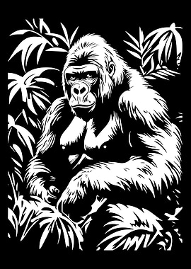 Gorilla in Jungle Black and White