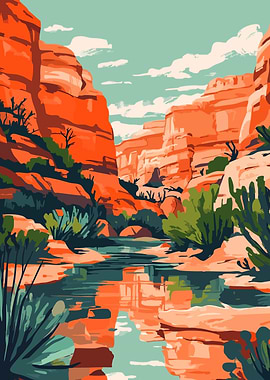 Desert Canyon Creek Minimalist Nature Art Illustration