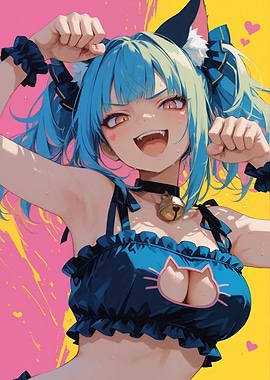 Energetic Neko Girl with Fangs and Cat Outfit