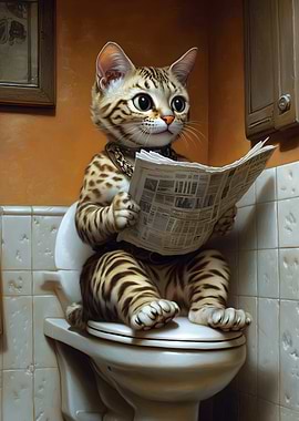 Cat reading newspaper on toilet