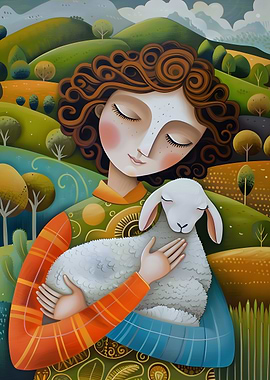 Woman Holding Lamb in Landscape