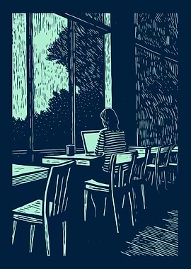 Woman working at cafe window seat