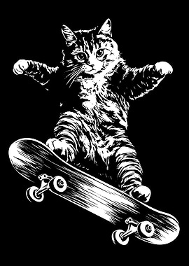 Cat on Skateboard Black and White