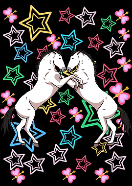 Two White Horses with Colorful Stars
