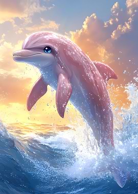 Pink Dolphin Leaping from Ocean Waves