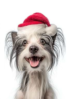 Happy Chinese Crested Dog with Santa Hat
