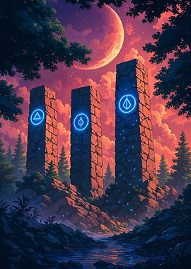 Mystical Stone Pillars with Glowing Symbols