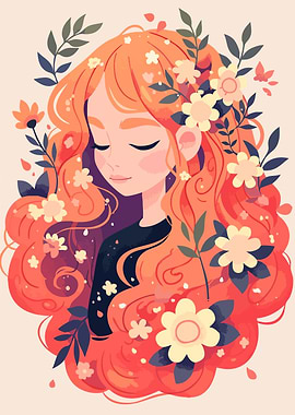 Girl with Flowers in Hair Minimalist Art Illustration