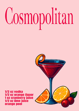 Cosmopolitan Cocktail Art Print – Retro Bar Wall Decor, Vibrant Drink Illustration, Kitchen or Home Bar Poster