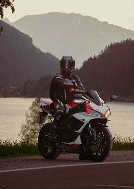 Motorcycle Rider with Mountain Backdrop