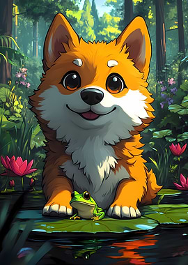 Cute Dog and Frog in Pond