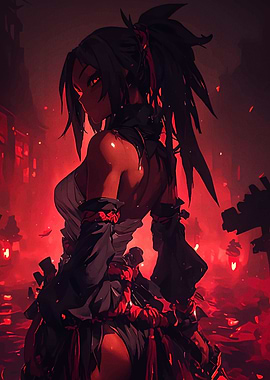 Anime Warrior in Red Cityscape